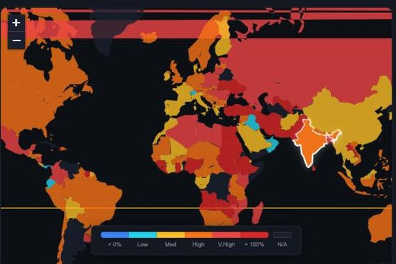 A world choropleth from the Cost of Living Tracker, shading every country by its ten-year price change, with the colour scale below it.