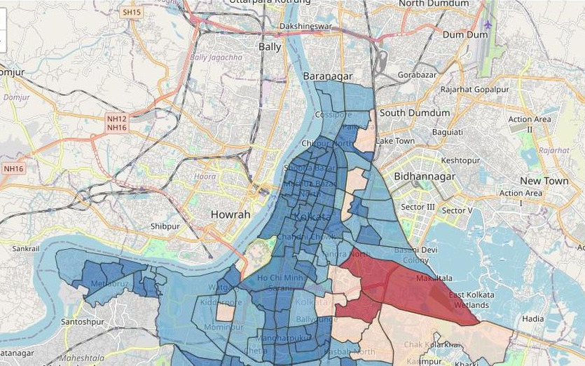 The dashboard's ward map: a choropleth of Kolkata's 141 municipal wards shaded by population.