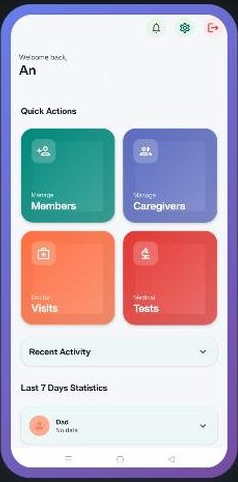 The RemindMe home screen on an Android phone, with quick actions for members, caregivers, doctor visits and medical tests.