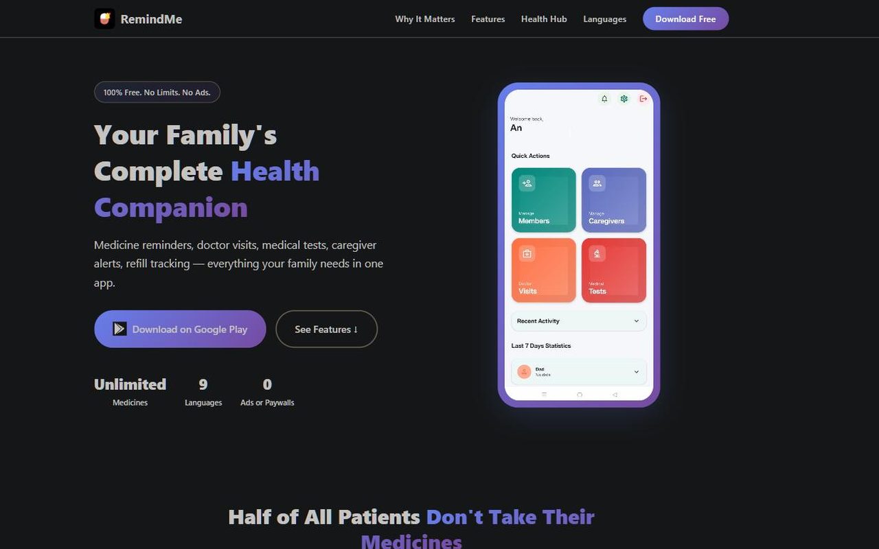 The RemindMe landing page, showing the Android app's home screen with quick actions for members, caregivers, doctor visits and medical tests.